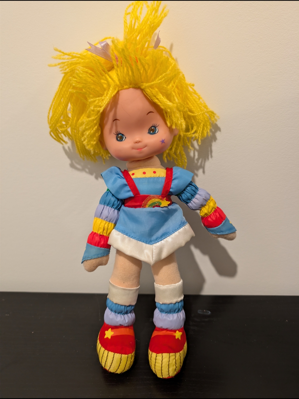 Rainbow Plush Doll with Yellow Yarn Hair and Blue Dress